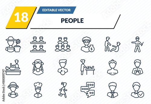 people icons set - garderner, classes, relation, business tie, good employee outline vector collection.