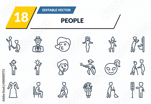 people icons set - helping other to jump, sir, kiss smile, sweeper working, traffic hand outline vector collection.