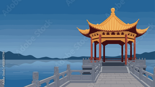 Traditional asian pavilion by a serene lake with mountainous backdrop in flat design