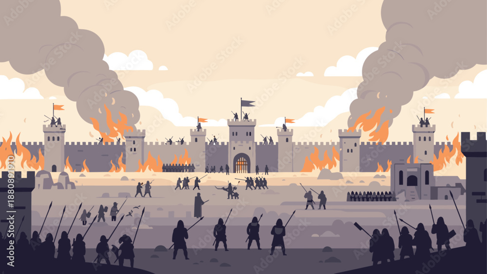 Obraz premium Medieval siege scene with soldiers and burning castle in silhouette style