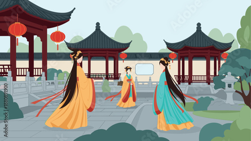 Elegant women in traditional chinese garden with red lanterns and pagodas