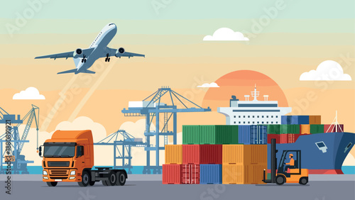 Global logistics and cargo transportation in modern flat design