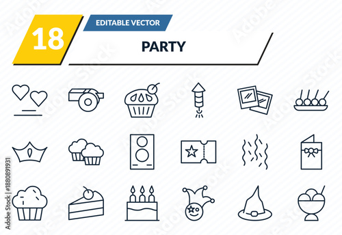 party icons set - big heart, wistle, cupcake with big cherry, wizard hat, big ice cream bowl outline vector collection.