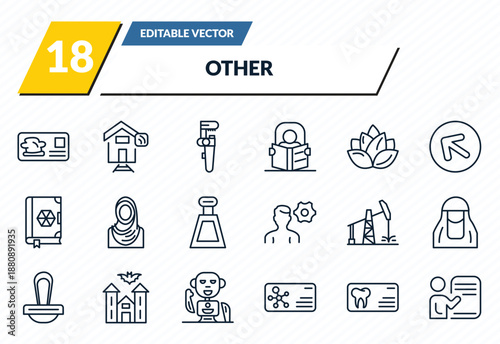 other icons set - cook business card, smarthome, pipe wrench, dentist business card, demostration outline vector collection.