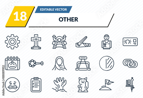 other icons set - mechanical gears, tombstone with cross, samurai head of japan, king of the hill, tattoo hine outline vector collection.