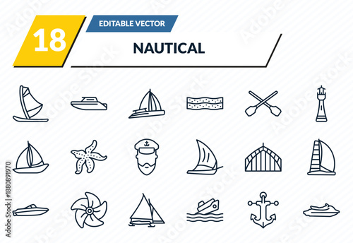 nautical icons set - windsurf board, motorboat, gunboat, marine, watercraft outline vector collection.