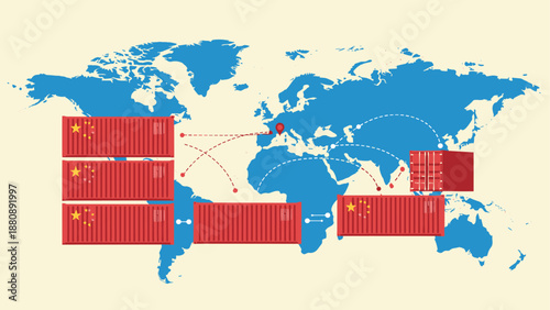Global trade routes: shipping containers and world map visualization