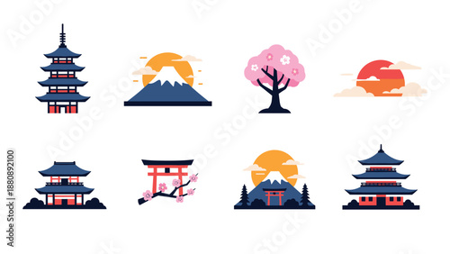 Minimalist japanese icon set: sakura, pagoda, and mount fuji elements