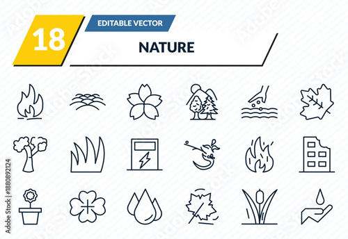 nature icons set - flame, , japanese flower, reeds, conservation outline vector collection.
