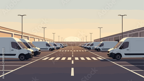 Fleet of delivery vans in empty parking lot at sunrise with symmetrical perspective