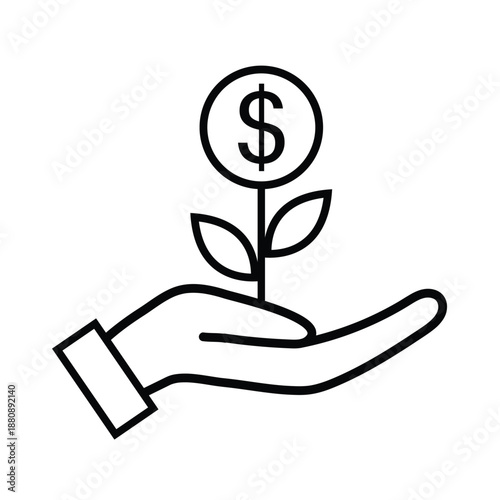 Line art icon showing a hand holding a growing plant with a dollar coin. Concept of financial investment, wealth growth, business profit, and money saving. Financial Growth Icon. Money Investment icon