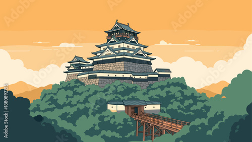 Elegant japanese castle among lush greenery with scenic horizon in flat design