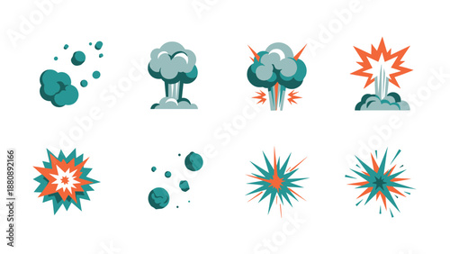 Colorful flat explosion icons set with cartoon style bursts and clouds