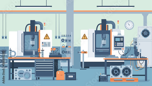 Modern factory workshop with cnc machines and tools in flat design