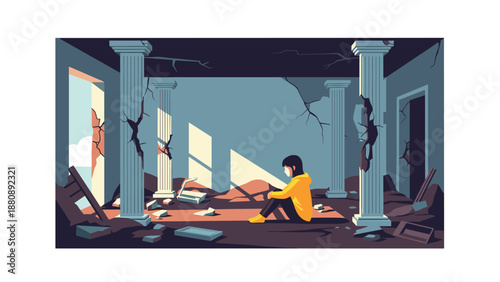 Woman reflecting in sunlit ruined building interior with columns and cracks