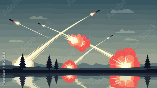 Missile attack over lake at night with explosions and reflections