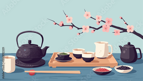 Traditional japanese tea ceremony with cherry blossoms and tea set