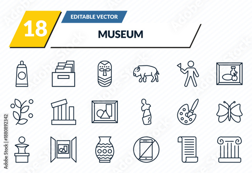 museum icons set - acrylic, archivist, african mask, paper scroll, antique column outline vector collection.