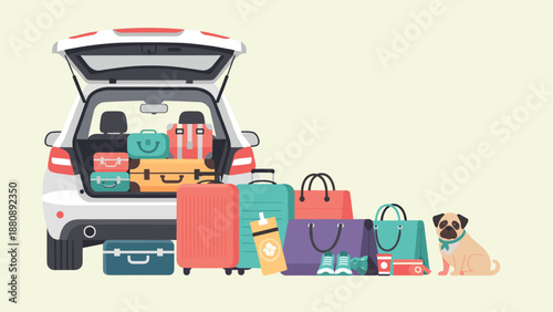 Family road trip preparation with luggage and pet