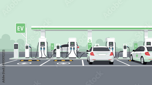 Modern electric vehicle charging station in urban setting with eco-friendly cars
