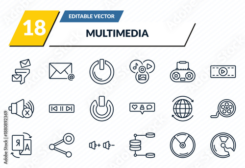 multimedia icons set - mail funneling, mailed, start button, compact disc with glare, broken disc outline vector collection.