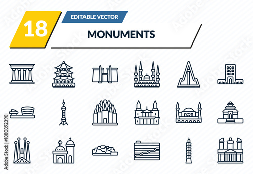 monuments icons set - pompeii, summer palace, luxor temple, , petra outline vector collection.