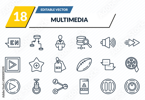 multimedia icons set - english, data flow chart, science conference, big pause button, on button outline vector collection.