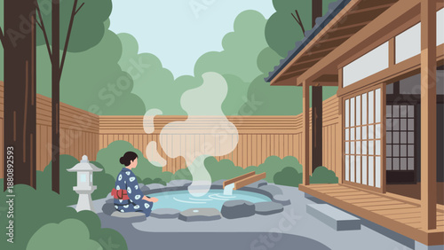 Serene japanese outdoor spa with traditional architecture and onsen steam