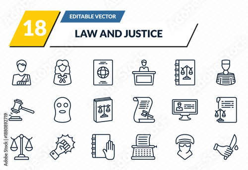 law and justice icons set - accident and injuries, attorney, immigration, , murder outline vector collection.