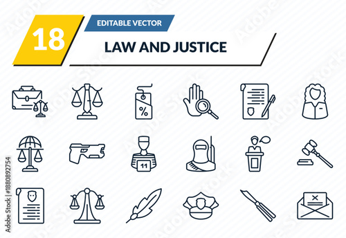 law and justice icons set - employment law, business law, bargain, butterfly knife, crime letter outline vector collection.