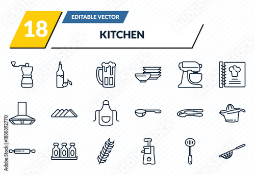 kitchen icons set - coffee grinder, olive oil, beer, skimmer, strainer outline vector collection.