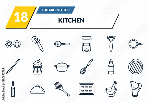 kitchen icons set - cookie cutter, pizza cutter, sugar sifter, mortar, pitcher outline vector collection.