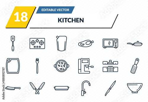 kitchen icons set - spatula, stove, ketchup, steak knife, soup bowl outline vector collection.