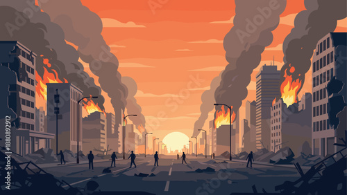 Apocalyptic cityscape at sunset with burning buildings in flat style