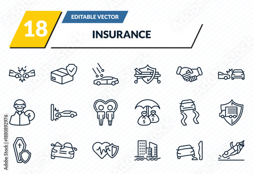 insurance icons set - frontal crash, cargo insurance, hail on the car, stone on the road, overturned car outline vector collection.