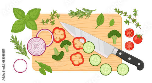 A vibrant overhead view showcases fresh, colorful vegetables and aromatic herbs meticulously arranged on a wooden cutting board with a sharp knife, perfect for culinary preparation.