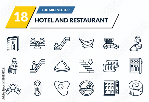 hotel and restaurant icons set - wine menu, people, or down, hotel, cinnamon roll outline vector collection.