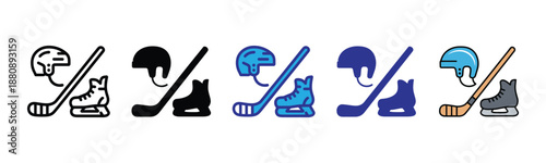 Vector illustration icon collection of hockey player icons in various colors and styles with helmets and sticks