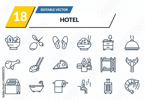 hotel icons set - salad, olives, slippers, luggage, shrimp outline vector collection.