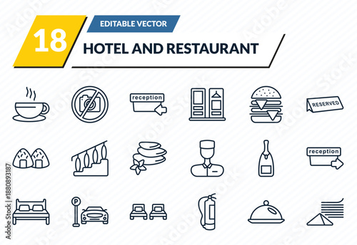 hotel and restaurant icons set - coffee, no pictures, check in, restaurant tray, napkins outline vector collection.