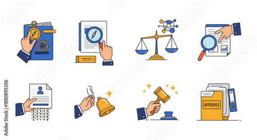 business administration process concept vector illustrations showing legal compliance data analysis strategic planning and official decisions.