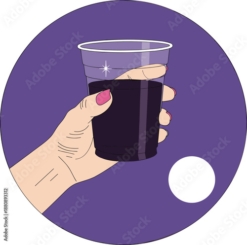 Stylized illustration of hand with pink nails holding transparent cup of dark drink, set against purple circular background with clean, fresh sparkle detail.