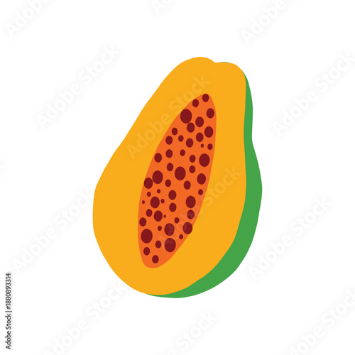 Hand-drawn vector of a sliced papaya with orange pulp and seeds. Isolated on white background. Professional graphic for food, dessert, and healthy lifestyle designs. Fresh Sliced Papaya Fruit Vector.