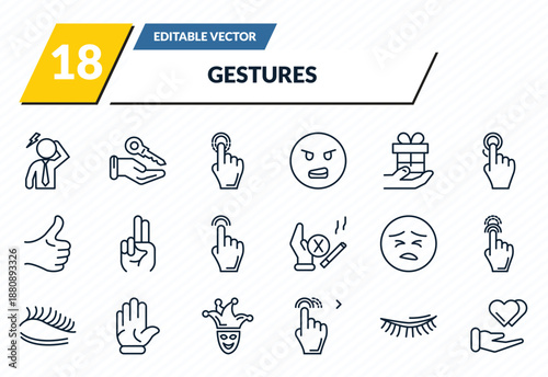 gestures icons set - dubious, hanging over the key, drag down, eyelid, charity donation outline vector collection.