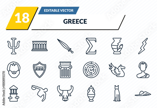 greece icons set - psi, parthenon, xifos, robe, outline vector collection.
