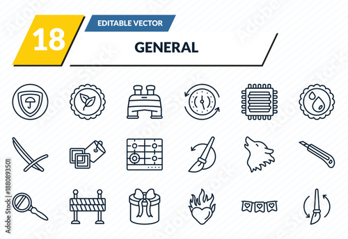 general icons set - insurance with a button, go green badge, pair of binoculars, party decoration, brush history outline vector collection.