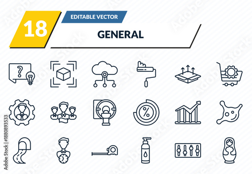 general icons set - quiz, model preparation, internet of things, sound control, matryoshka outline vector collection.