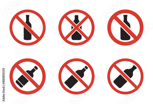 Vector illustration of six no-alcohol signs, depicting a ban on bottles and drinks