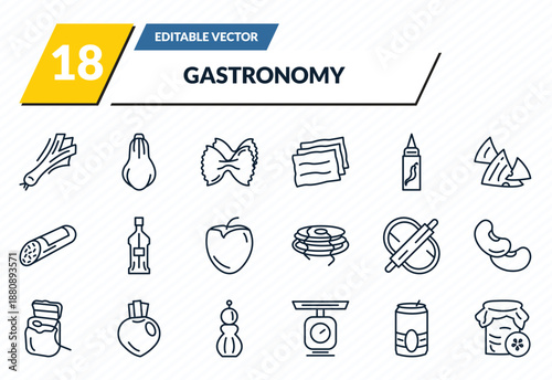 gastronomy icons set - leek, butternut squash, aroni, beer can, pickle outline vector collection.