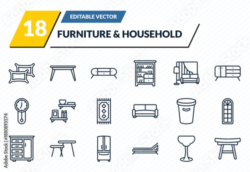 furniture & household icons set - pillows, table, furniture, glassware, ottoman outline vector collection.